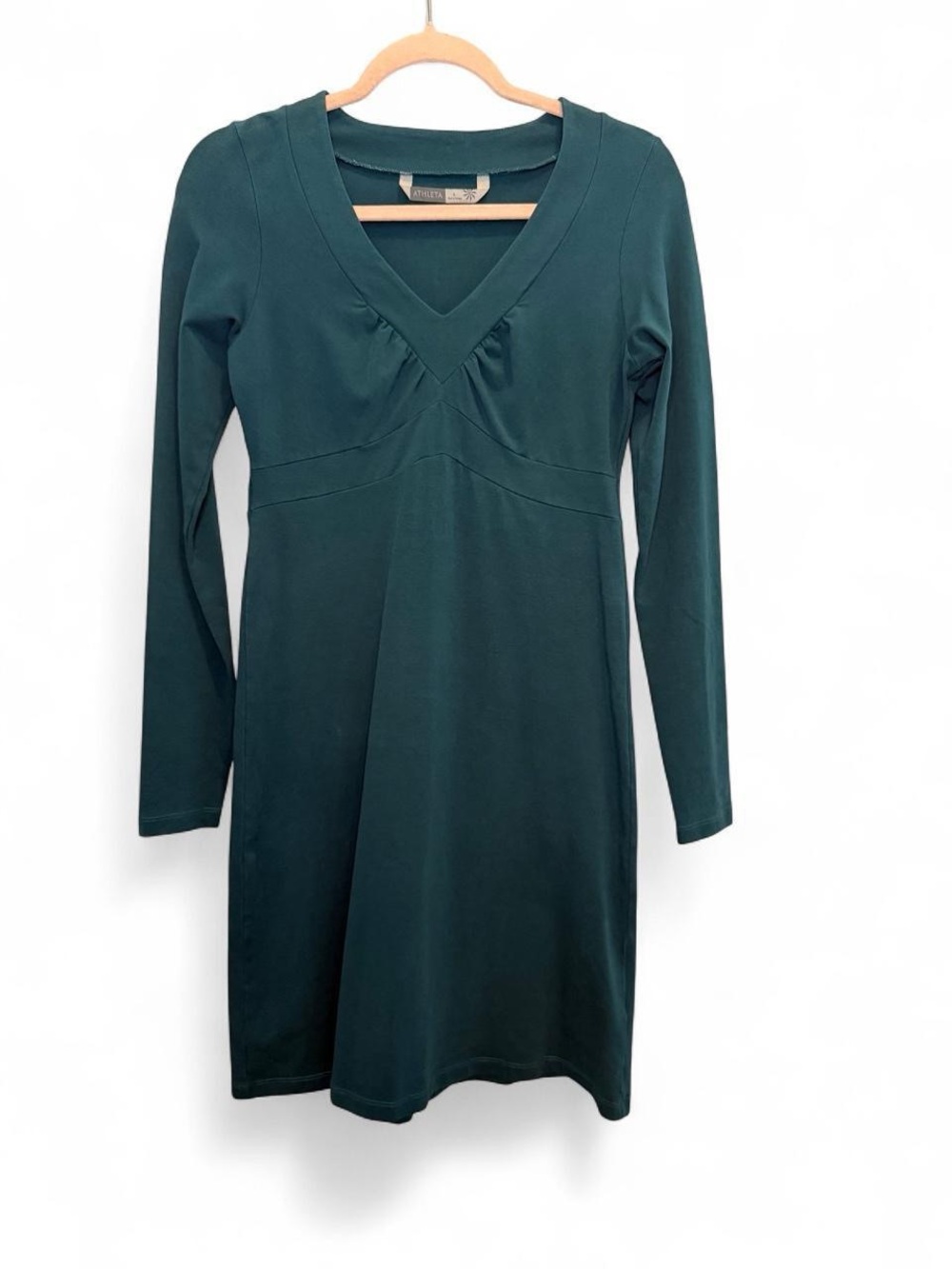 Athleta Teal Long Sleeve V Neck Empire Waist Midi Dress Small Fall Athleisure